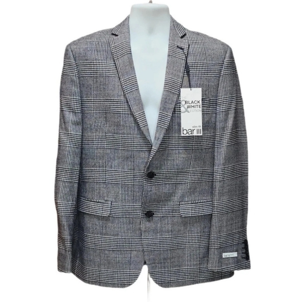 Bar III Men Blazer Jacket Slim Fit 42R Glen Plaid Wool Blend Color Black White.